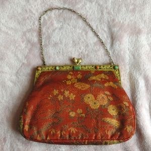 Antique RARE Art Nouveau 1920's Embroidered Tapestry Gold Frame Handbag Purse